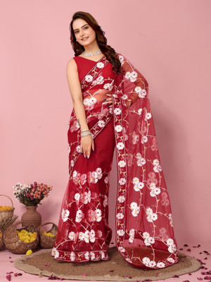 bal krishna Floral Print Leheria Net Saree(Maroon)