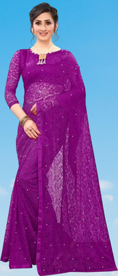 SwiftStyle Solid/Plain Bollywood Net Saree(Purple)
