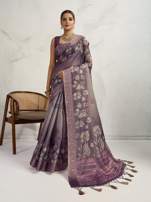 RekhaManiyar Printed, Woven Saree with Attached Blouse Silk Blend Saree(Purple)