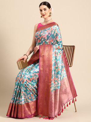 Tasrika Digital Print Banarasi Pure Silk Saree(Light Blue)