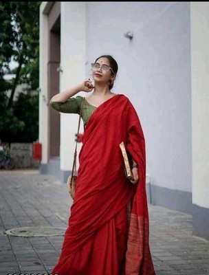 Handloom Solid/Plain Handloom Cotton Blend Saree(Red)