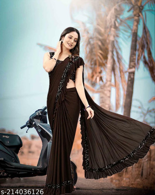 WOSTON Solid/Plain Bollywood Lycra Blend Saree(Brown)