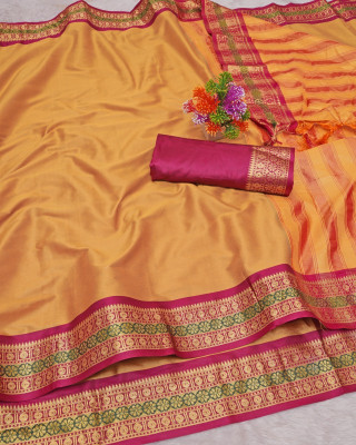 AARMICREATION Woven Banarasi Cotton Silk Saree(Orange)