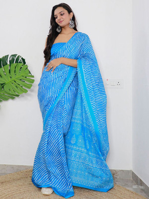 Anouk Rustic Printed Ikkat Cotton Blend Saree(Blue)