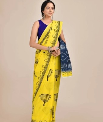 MADHUMASS TEXTILE Printed Bollywood Cotton Jute Saree(Yellow)