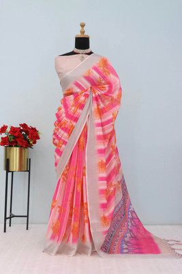 white sparrow Digital Print Daily Wear Linen Saree(Orange)