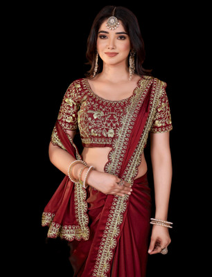 DHARMEE Embellished, Embroidered Bollywood Silk Blend, Lace Saree(Maroon)