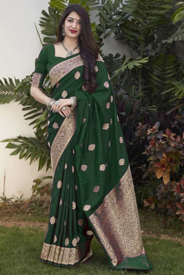 MIRMAN Woven Kanjivaram Pure Silk Saree(Green)