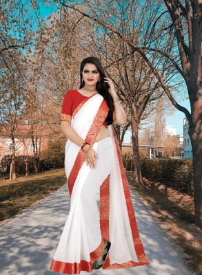 AMBALIKA Solid/Plain Chanderi Cotton Blend Saree(White)