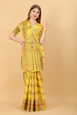 KV Fashion Woven Daily Wear Cotton Blend Saree(Yellow)