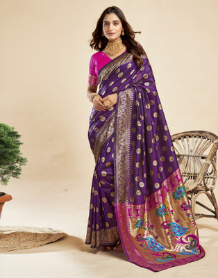 Samah Woven, Embellished, Self Design Paithani Silk Blend Saree(Purple, Magenta)