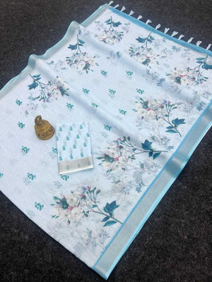 Margi Designers Floral Print Handloom Cotton Linen Saree(Light Blue)