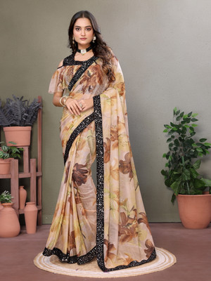 AKFABRICS Floral Print Bollywood Lycra Blend Saree(Brown)