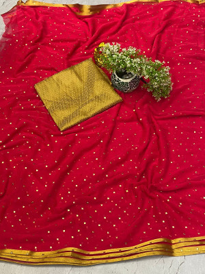 Vrise Life Style Polka Print Daily Wear Chiffon Saree(Red)