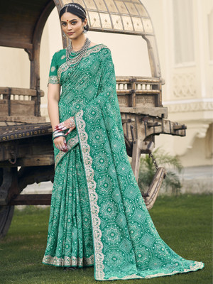Sareemall Embellished Bandhani Silk Blend Saree(Light Green)