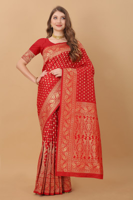 Bansari Textiles Woven Banarasi Jacquard, Cotton Silk Saree(Red)