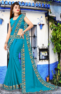 Suvali Fashion Solid/Plain Banarasi Lycra Blend, Chiffon Saree(Light Blue)