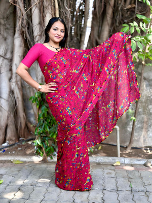 ZENFAB THREADS Printed Kalamkari Georgette Saree(Multicolor)