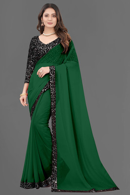 SHELDROM MART Solid/Plain Bollywood Georgette Saree(Dark Green)