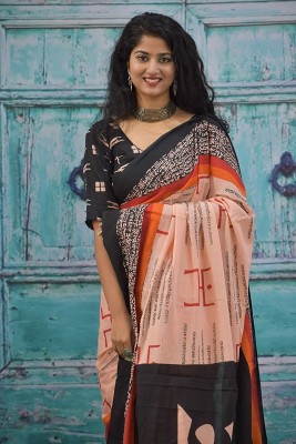 DASTKARPRINT Printed, Color Block, Blocked Printed, Floral Print, Dyed Daily Wear Pure Cotton Saree(Cream)