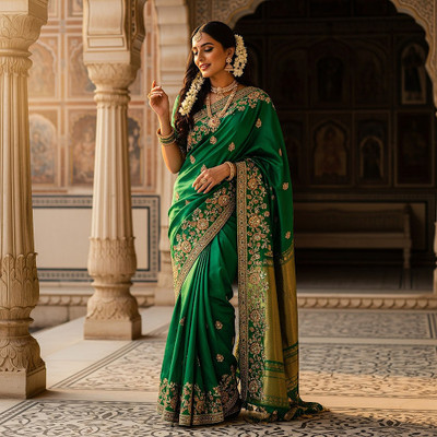 GRUHALAKHSMI Embroidered Banarasi Cotton Silk Saree(Green)
