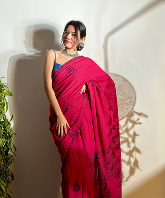 NOITAERCPR Color Block Hand Batik Cotton Linen Saree(Red)