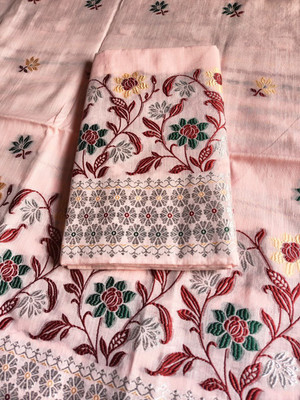 PNB Embroidered, Floral Print, Woven, Temple Border Mekhela Chador Pure Cotton Saree(Pink)