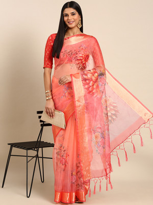 RekhaManiyar Digital Print Bollywood Organza Saree(Orange)