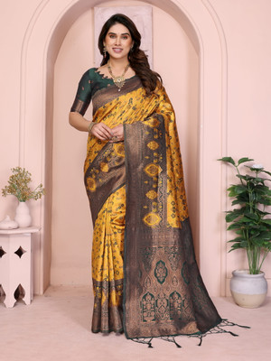 The Style Sanctuary Woven Bollywood Silk Blend Saree(Yellow, Dark Green, Brown)