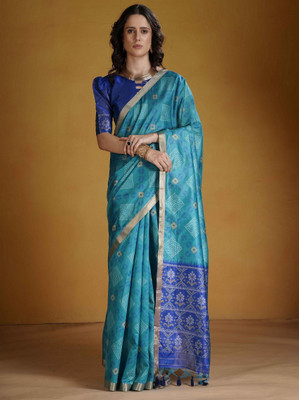 ZILVIRA Woven Bandhani Cotton Silk Saree(Light Blue, Blue)