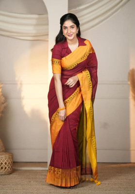 Roy saree center Woven Saree with Attached Blouse Pure Cotton Saree(Maroon, Mustard)