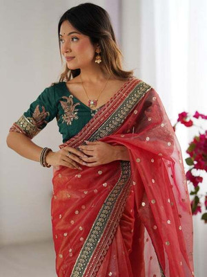 shree maruti fashion Embroidered Bollywood Net Saree(Pink)