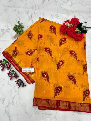 KRISHNA NX Printed Daily Wear Pure Cotton Saree(Gold)