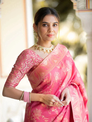 JIADIA Self Design Kanjivaram Jacquard, Silk Blend Saree(Pink)