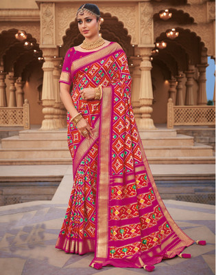 Satrani Printed, Embellished Patola Silk Blend Saree(Pink, Orange, Multicolor)