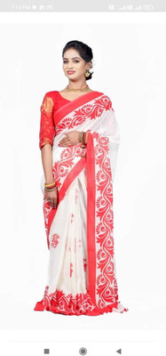 BRISHTI CREATION Woven Handloom Cotton Blend Saree(Red, White)
