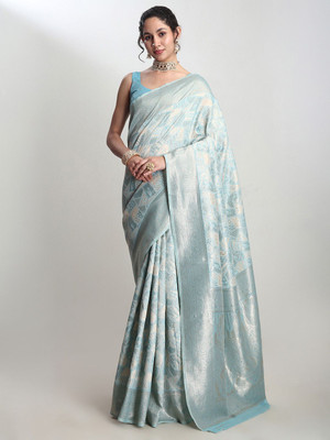 Janasya Woven Banarasi Silk Blend Saree(Light Blue)