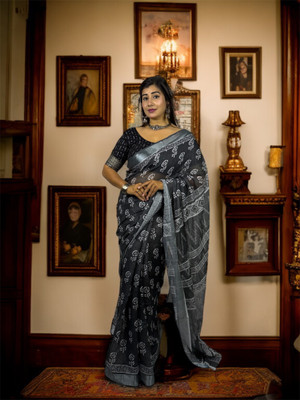Ethnic Trendz Digital Print Assam Silk Cotton Linen Saree(Black)