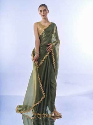 Kalista Embellished, Solid/Plain Bollywood Organza Saree(Green)
