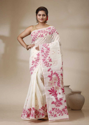 Mondal Saree Centre Printed Jamdani Cotton Silk Saree(White, Pink)