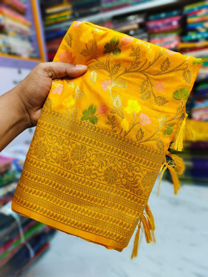 Pashmina Floral Print Saree with Attached Blouse Khadi, Pure Silk Saree(Yellow)