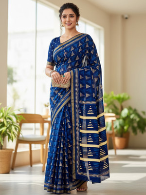 MODERRY Blocked Printed, Printed Daily Wear Pure Cotton, Mulmul Saree(Blue)