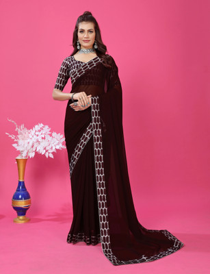 PRETTYAGE Printed Bollywood Georgette Saree(Brown)