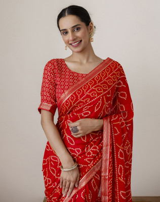 SIRIL Printed Bandhani Chiffon, Georgette Saree(Red)