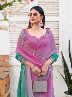 K 5 FASHION Embroidered Bollywood Chiffon Saree(Pink, Light Green)