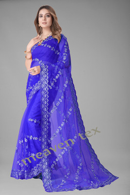 meaven tex Embroidered Bollywood Net Saree(Blue)