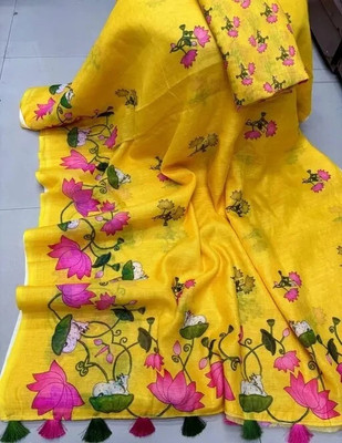 Myraani Printed Handloom Cotton Linen Saree(Mustard)