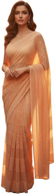 Sudev fashion Solid/Plain Saree with Attached Blouse Net Saree(Orange)