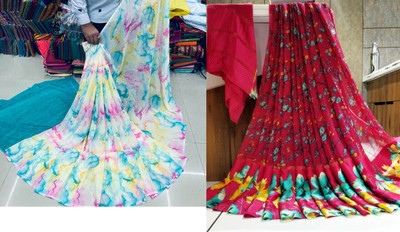 HouseOfCommon Printed Bollywood Georgette Saree(Pack of 2, Blue)