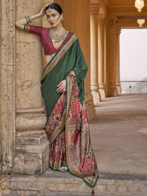 ANOUK Printed Banarasi Silk Blend Saree(Dark Green)